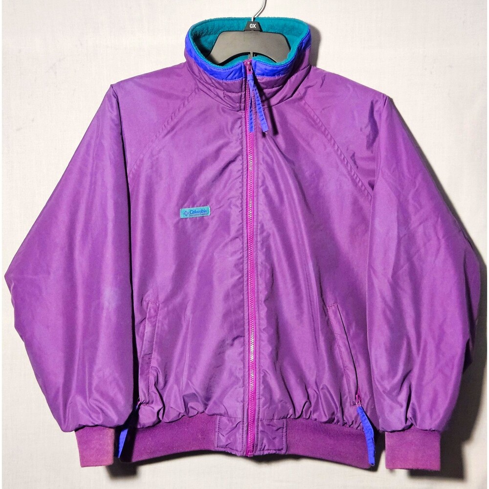 VTG 90s Columbia Radial Sleeve Bomber Jacket Womens L Purple Teal Fleece Lined